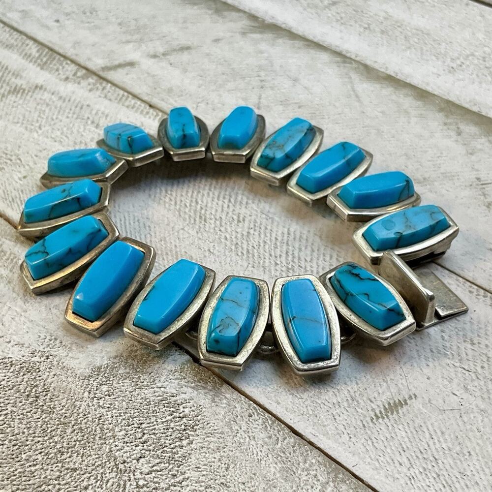 Taxco Mexico Sterling Silver 925 Vintage Turquoise Panel Link Bracelet 61.4g - Picture 3 of 12